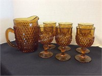 Amber Glass Pitcher & 6 Glasses, No Damage