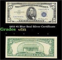 1953 $5 Blue Seal Silver Certificate Grades vf++