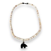 Native White Clam Shell Necklace w/ Bear Fetish