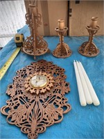 Wood clock, candleholders
