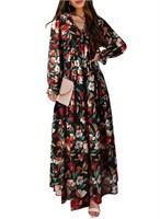 P3527  Medium Black Floral Maxi Dress, V-Neck, US