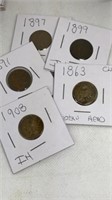 (5) Indian head pennies, assorted years