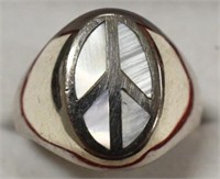 Ladies Sterling Mother Of Pearl Peace Sign Ring