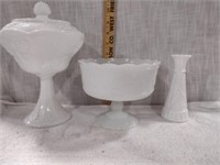 Vintage Milk Glass Lot-Candy Dish w/Lid, Vase