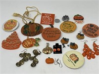 9 Pumpkin Show Pins, 3 Pair of Pumpkin Earrings, &