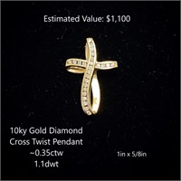 10kt Diamond Cross Twist Pendant, ~0.35ctw