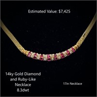 14kt Diamond & Ruby-Like Necklace, 8.3dwt