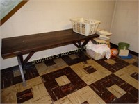 Wood Picnic table, linens, plastic pumpkins,