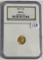 1853 $1 Gold NGC MS63