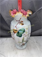 Hand painted art glass vase pink orange crest