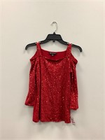 $70  INC red sequin cold shoulder blouse size PP