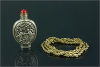 2 Pc Chinese Gilt Silver Necklace & Snuff Bottle