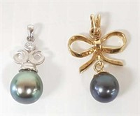 2 18k gold and Tahitian pearl pendants: one 9mm