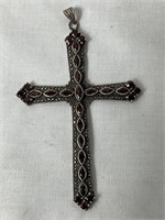 Garnet & sterling silver cross, 3" x 4.5",