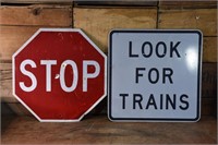 Stop & Look for Trains Sign - with bullet holes