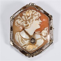VINTAGE 14K WHITE GOLD, CARVED CAMEO, AND DIAMOND