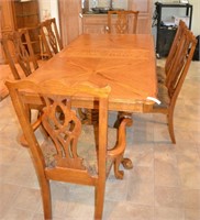 Large Oak Dual Pedestal Dining Table & 6 Chairs