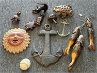 Wood Carved Animals, Pottery Sun Wall Decor,