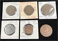6 Canadian 1800's Coins - 1/2 Pennies & Pennies