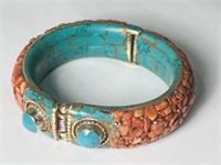 Natural Tibet Hand Made Coral & Turquoise Bangle