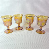 Iridescent Amber Carnival Glass Goblet Set