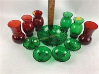 Forest green glass berry set, vases, ruby glass