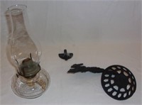 Vintage cast iron wall mount oil lamp set.