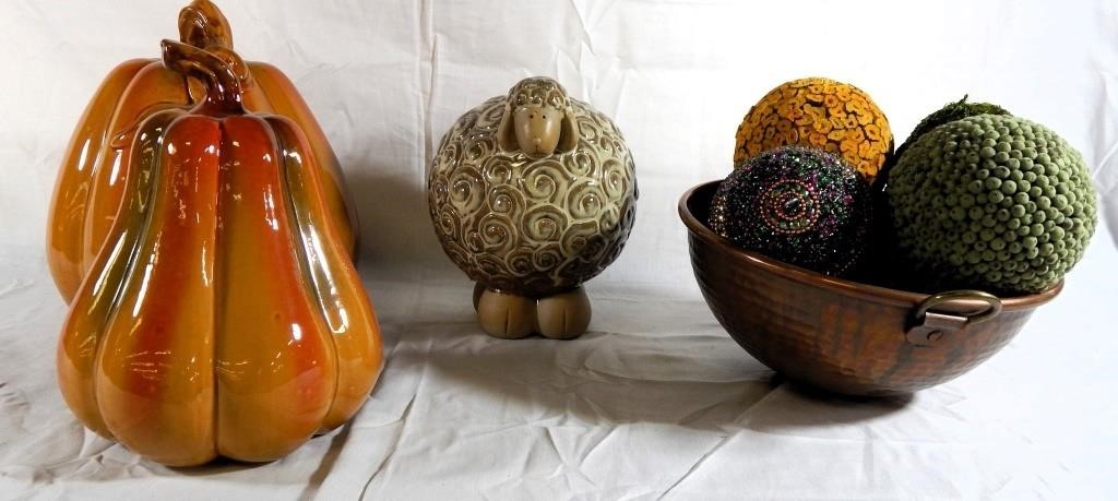 Ceramic Pumpkins, Sheep, Copper Bowl, Ornaments
