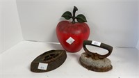 (2) cast iron sad irons, cast iron apple