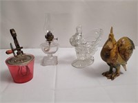 Miniature oil lamp, mixer, alabaster rooster,