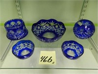 (5) Cut Glass Cobalt Blue Pieces - Vase, 8'' Bowl,