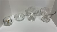 (2) glass compote dishes, (1) small glass bowl,