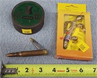 Bullet Knife, Laser, & Antique Pellet Tin