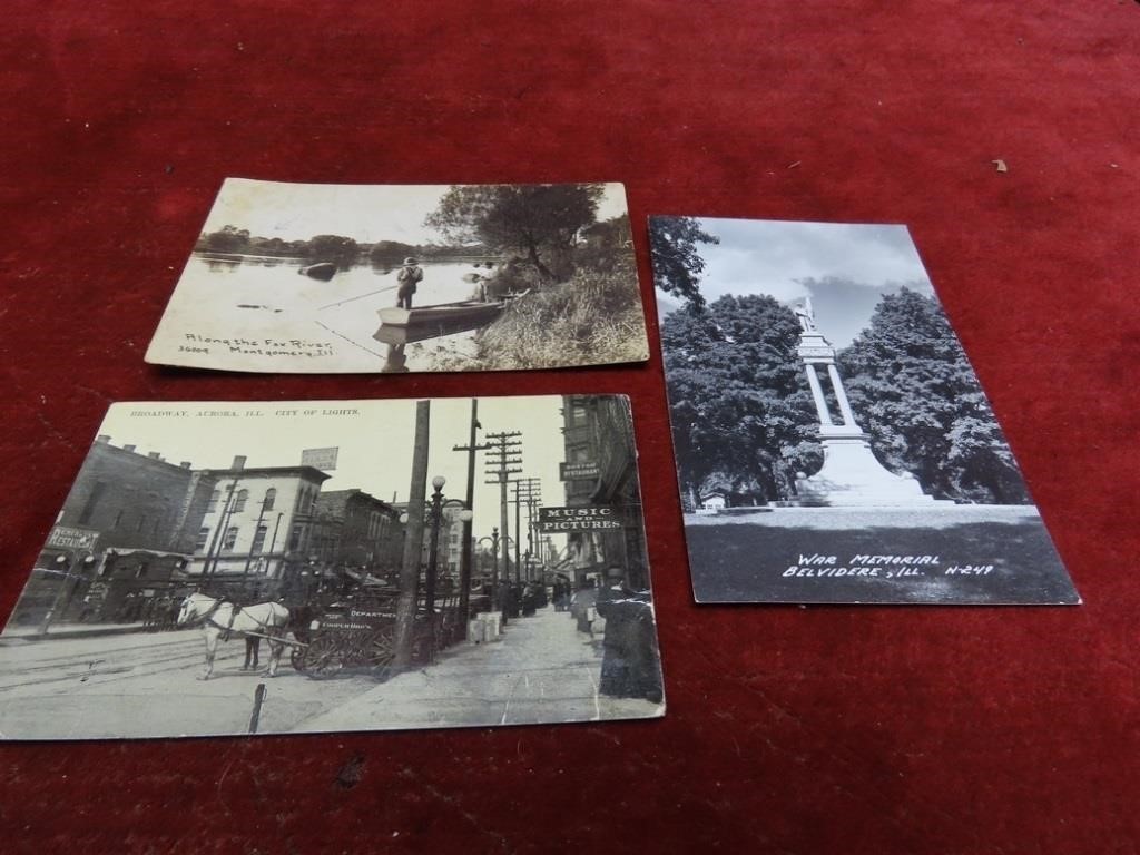 (3)Antique Illinois Postcards. Belvidere, Aurora