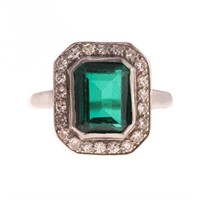 A Lady's Platinum Synthetic Emerald & Diamond Ring