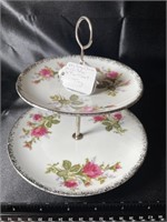 VTG 2-Tiered Porcelain Rose Candy Dish