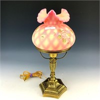 Fenton Burmese Decorated & Signed Electric Lamp