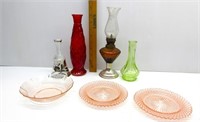 Vintage Glass, Pink Plates, Oil Lamp, Vase,ect