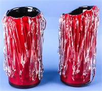 Pair Hand Blown Red Glass Vases