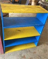 Blue and yellow garage shelf