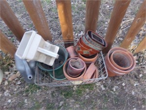 clay pots, wire basket, hand seeder
