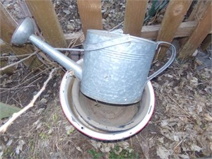 enamel pan with galvanized watering can