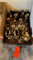 Wooden tray with vintage brass vases,
