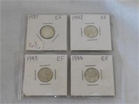 Four Mercury dimes, EF grade, 1937, 1942, 1943,