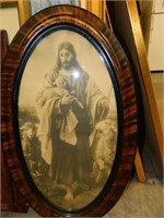 ANTIQUE OVAL TIGER WOOD JESUS PICTURE