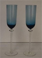 2 Tall Stemmed Blue Wine Glasses