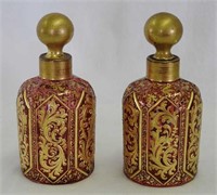 Pair of decorated cranberry 6" colognes, Moser?
