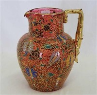 Moser cranberry decorated 6" pitcher