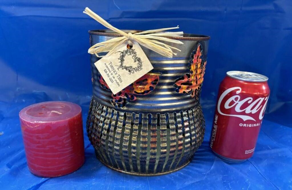 Old Tin Can Made into Pretty Candle Holder