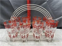 8 red and white Vintage floral glasses in metal